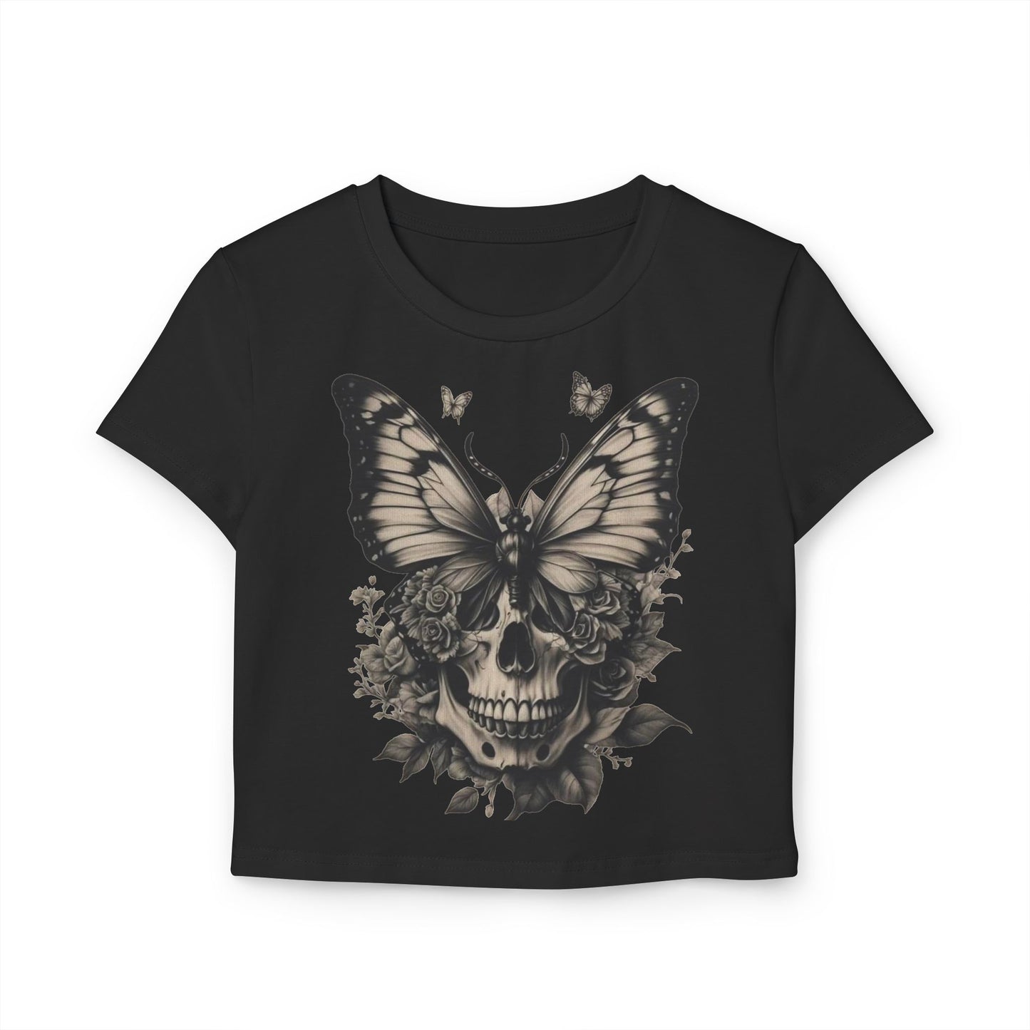 Gothic Butterfly Skull Women's Baby Tee - Trendy Vintage Style Shirt