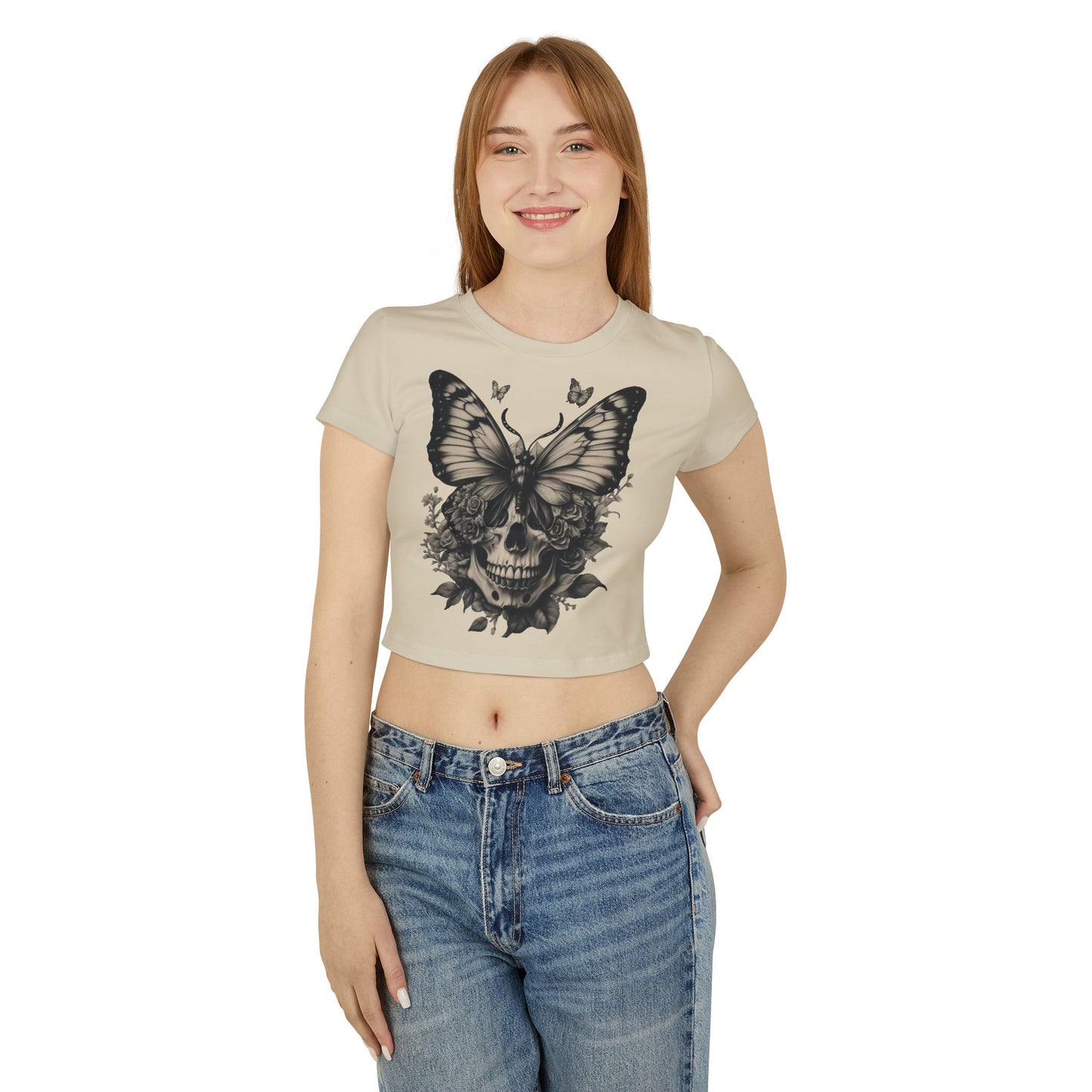 Gothic Butterfly Skull Women's Baby Tee - Trendy Vintage Style Shirt