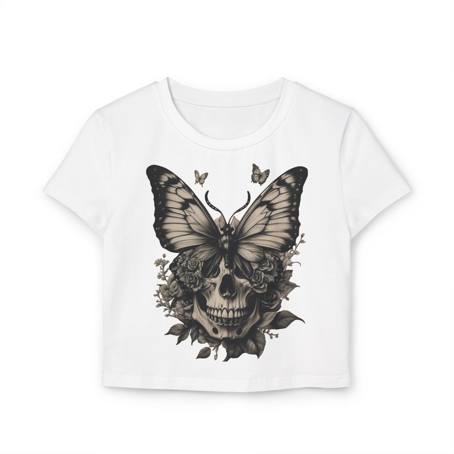 Gothic Butterfly Skull Women's Baby Tee - Trendy Vintage Style Shirt